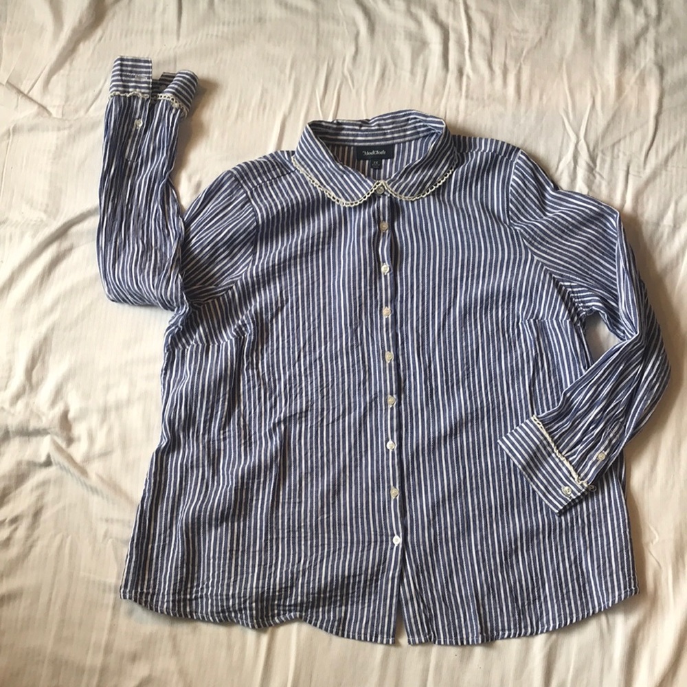 Striped button down top with crochet detailing